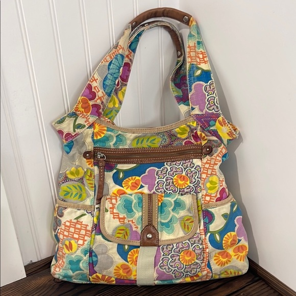 Vintage Fossil Floral Boho Leather and Canvas Tote Bag - Picture 1 of 6